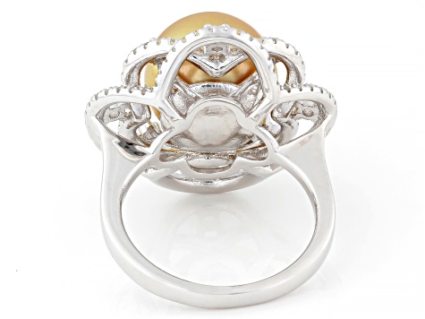 Golden Cultured South Sea Pearl With White Topaz Rhodium Over Sterling Silver Ring