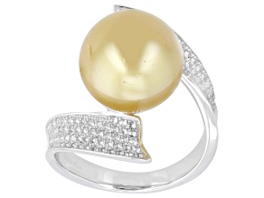 Golden Cultured South Sea Pearl With White Topaz Rhodium Over Sterling Silver Ring 0.85ctw