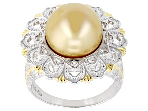 Golden Cultured South Sea Pearl With White Topaz Rhodium & 18k Yellow Gold Over Silver Ring 0.15ctw