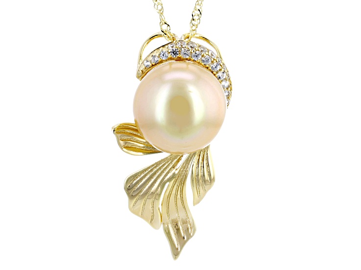 Golden Cultured Freshwater Pearl With White Topaz 18k Gold Over Silver Pendant With Chain 0.10ctw