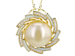 Golden Cultured South Sea Pearl, Mother-Of-Pearl With Zircon 18k Gold Over Silver Pendant With Chain