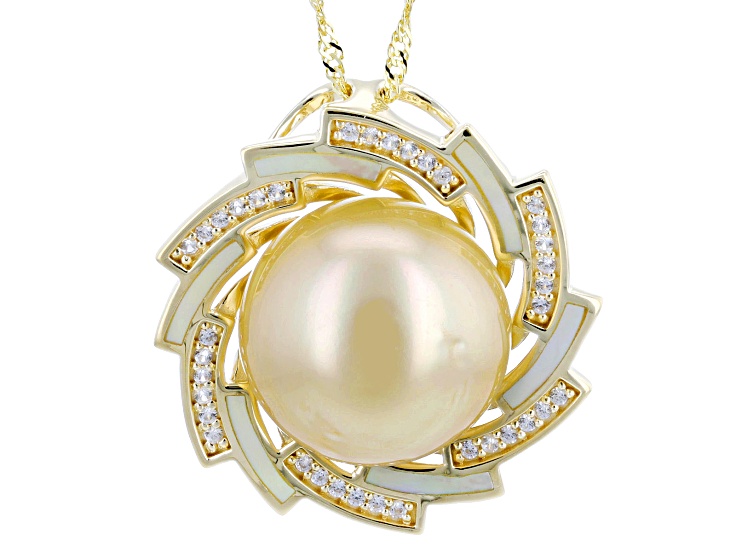 Golden Cultured South Sea Pearl, Mother-Of-Pearl With Zircon 18k Gold Over Silver Pendant With Chain