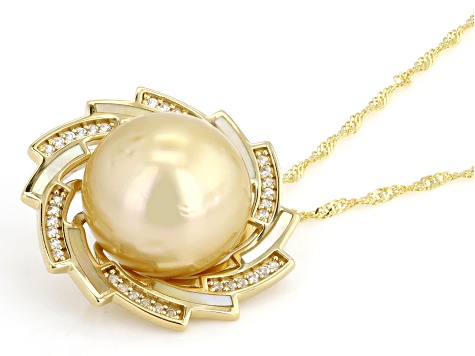 Golden Cultured South Sea Pearl, Mother-Of-Pearl With Zircon 18k Gold Over Silver Pendant With Chain