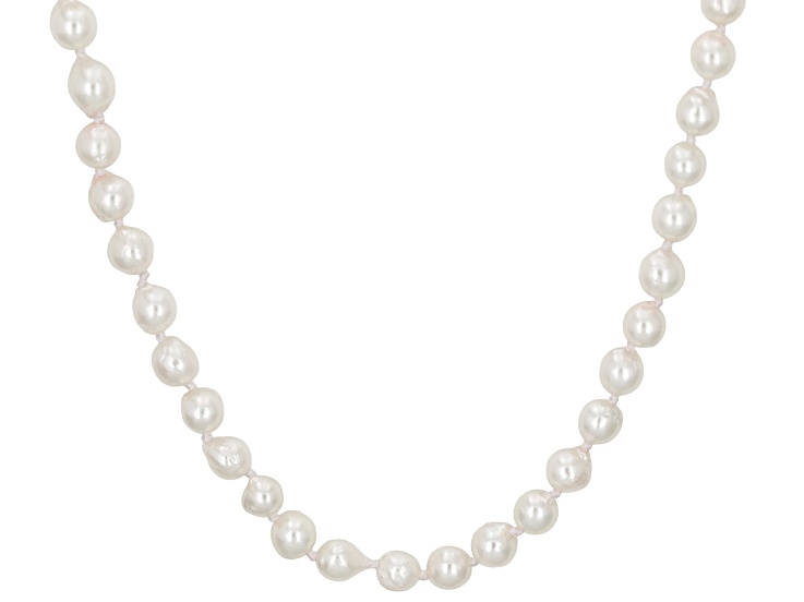 White Cultured Japanese Akoya Pearl Rhodium Over Sterling Silver 18 inch Strand Necklace