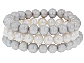 Platinum & White Cultured Freshwater Pearl Stretch Bracelets Set of 3