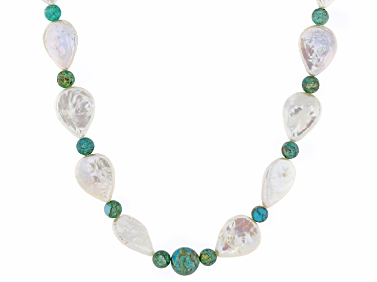 White Cultured Freshwater Pearl With Turquoise Rhodium Over Sterling Silver 18 Inch Strand Necklace