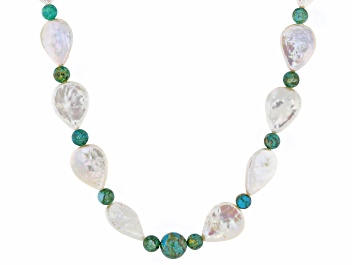 Picture of White Cultured Freshwater Pearl With Turquoise Rhodium Over Sterling Silver 18 Inch Strand Necklace
