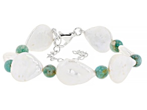 White Cultured Freshwater Pearl With Turquoise Rhodium Over Sterling Silver Bracelet