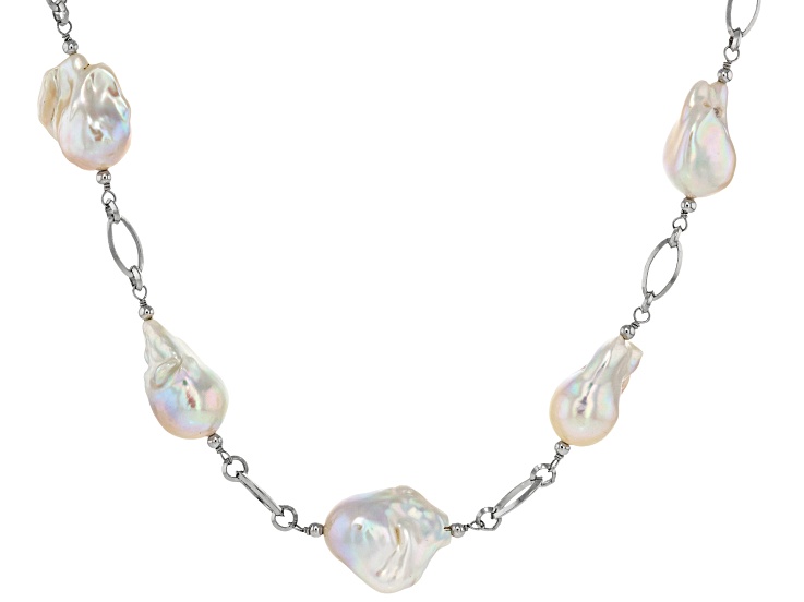 Genusis™ White Cultured Freshwater Pearl Rhodium Over Sterling Silver 20 Inch Station Necklace