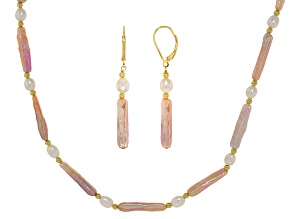 Multi-Color & White Cultured Freshwater Pearl 18K Gold Over Silver 18 Inch Strand & Earring Set