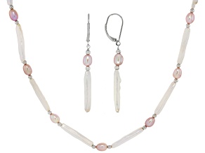 White & Multi-Color Cultured Freshwater Pearl Rhodium Over Silver 18 Inch Strand  & Earring Set