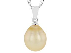 Golden Cultured South Sea Pearl Rhodium Over Sterling Silver Pendant With Chain