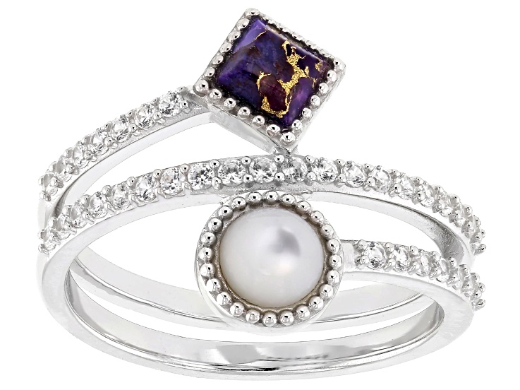 White Mother-Of-Pearl With Composite Turquoise & White Zircon Rhodium Over Sterling Silver Ring