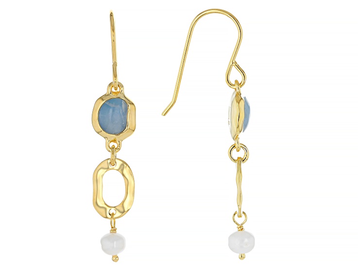White Cultured Freshwater Bitsy Pearl With Aquamarine 18k Yellow Gold Over Silver Earrings 1.00ctw