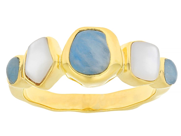 White Mother-Of-Pearl With Aquamarine 18k Yellow Gold Over Sterling Silver Ring 0.80ctw