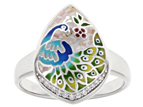 White Mother-of-Pearl With Enamel & White Zircon Rhodium Over Sterling Silver Ring 0.39ctw