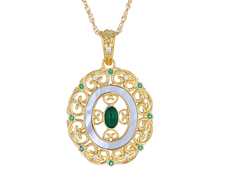 White Mother-of-Pearl With Chalcedony & Zircon 18k Gold Over Sterling Silver Pendant With Chain