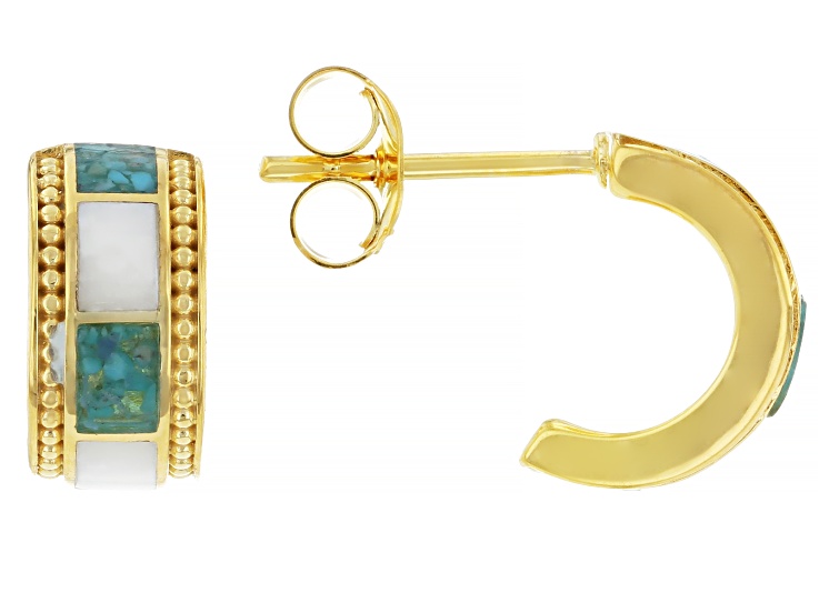 White Mother-of-Pearl With Composite Mosaic Turquoise 18k Yellow Gold Over Sterling Silver Earrings