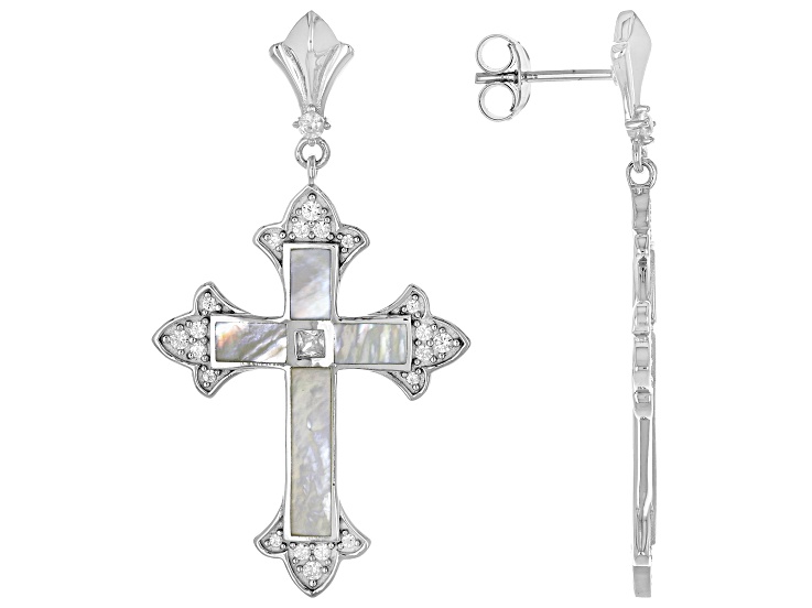 White Mother-of-Pearl With 0.85ctw Zircon Rhodium Over Sterling Silver Earrings