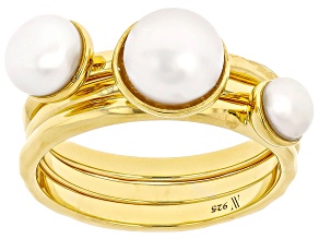 White Cultured Freshwater Pearl 18k Yellow Gold Over Sterling Silver Ring Set of 3