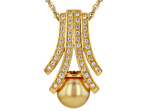 Golden Cultured South Sea Pearl with White Moissanite 18k Yellow Gold Over Silver Pendant with Chain