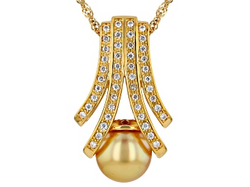 Picture of Golden Cultured South Sea Pearl with White Moissanite 18k Yellow Gold Over Silver Pendant with Chain