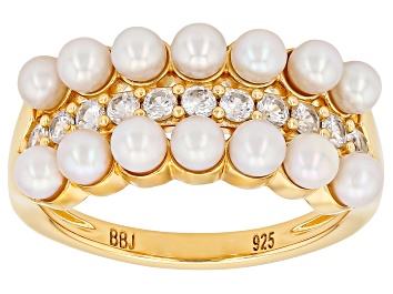Picture of White Cultured Freshwater Bitsy Pearl With White Zircon 18K Yellow Gold Over Silver Ring
