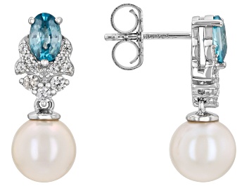 Picture of White Cultured Freshwater Pearl With Blue and White Zircon Rhodium Over Sterling Silver Earrings