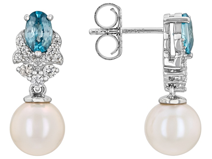 White Cultured Freshwater Pearl With Blue and White Zircon Rhodium Over Sterling Silver Earrings