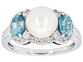 White Cultured Freshwater Pearl With Blue and White Zircon Rhodium Over Sterling Silver Ring