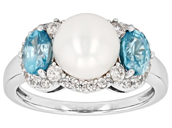 Picture of White Cultured Freshwater Pearl With Blue and White Zircon Rhodium Over Sterling Silver Ring