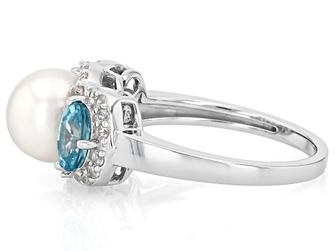 White Cultured Freshwater Pearl With Blue and White Zircon Rhodium