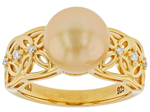 Golden Cultured South Sea Pearl with Moissanite 18k Yellow Gold Over Silver Ring
