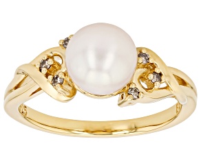 White Cultured Japanese Akoya Pearl with Champagne Diamond 18K Yellow Gold Over Silver Ring