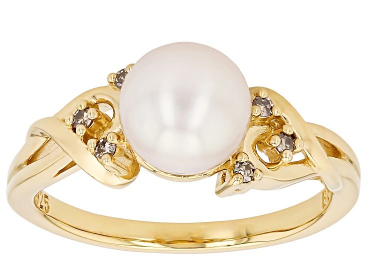 White Cultured Japanese Akoya Pearl with Champagne Diamond 18K Yellow Gold Over Silver Ring