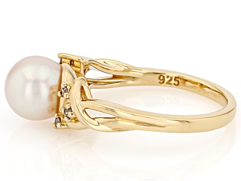 White Cultured Japanese Akoya Pearl with Champagne Diamond 18K