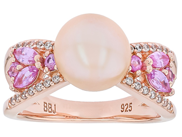 Peach Cultured Freshwater Pearl With Sapphire and Zircon 18K Rose Gold Over Sterling Silver Ring
