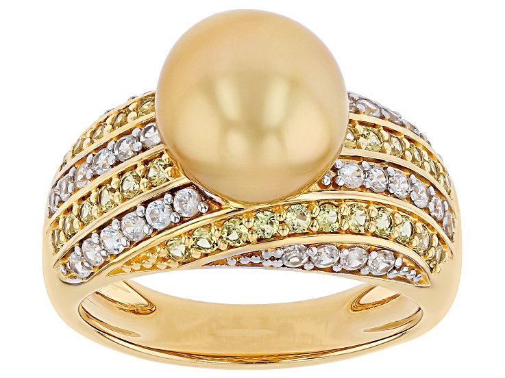 Golden Cultured South Sea Pearl with Yellow Sapphire & Zircon 18k Yellow Gold Over Silver Ring