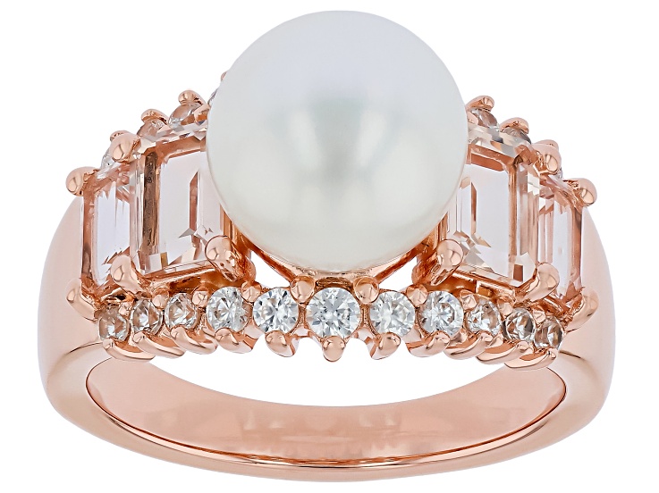 White Cultured Freshwater Pearl with Morganite and Zircon 18K Rose Gold Over Silver Ring