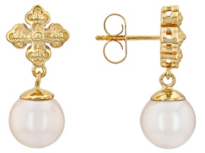 White Cultured Freshwater Pearl 18K Yellow Gold Over Sterling Silver Earrings