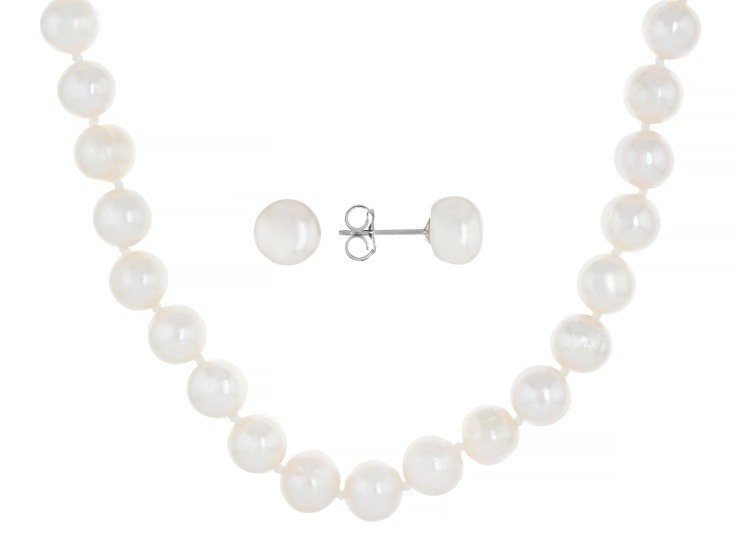 White Cultured Freshwater Pearl Rhodium Over Silver Strand 18 Inch Necklace and Earring Set of 2