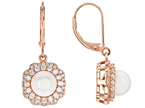 White Cultured Japanese Akoya Pearl With 0.96ctw Moissanite 18k Rose Gold Over Silver Earrings