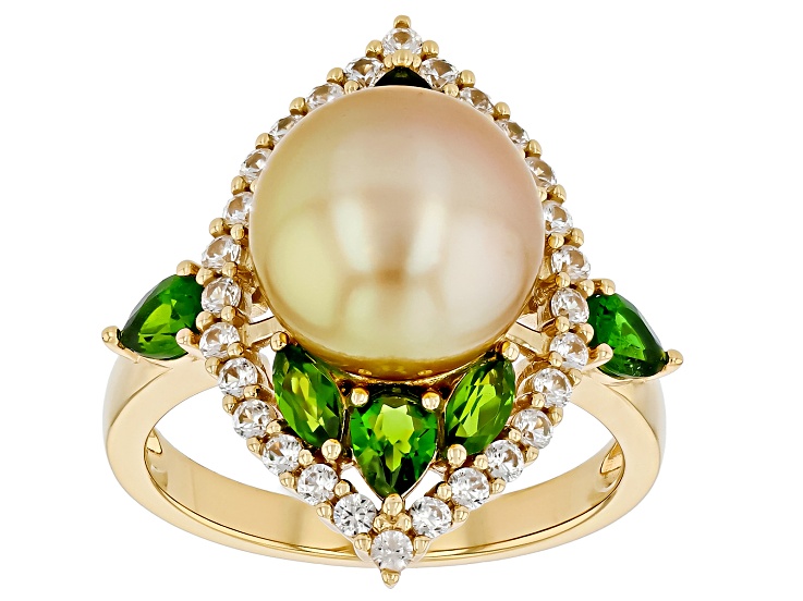 Golden Cultured South Sea Pearl with Chrome Diopside and Zircon 18k Yellow Gold Over Silver Ring