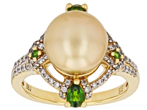 Golden Cultured South Sea Pearl with Chrome Diopside and Zircon 18k Yellow Gold Over Silver Ring