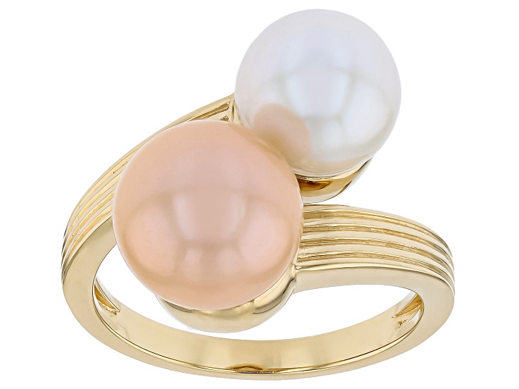 Peach & White Cultured Fresh water Pearl 18k Yellow Gold Over Sterling Silver Adjustable Ring