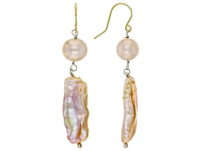 Pink Cultured Freshwater Pearl 10k Yellow Gold Dangle Earrings
