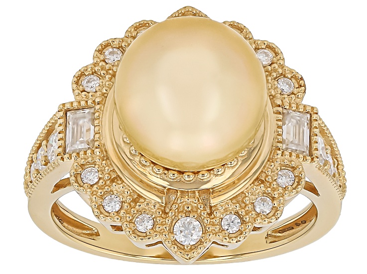 Golden Cultured South Sea Pearl With Moissanite 18k Yellow Gold Over Sterling Silver Ring