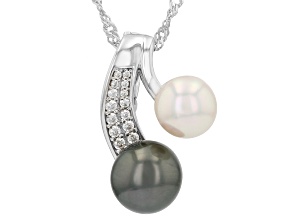 Black Cultured Tahitian & Akoya Pearl & White Zircon Rhodium Over Silver Enhancer With Chain