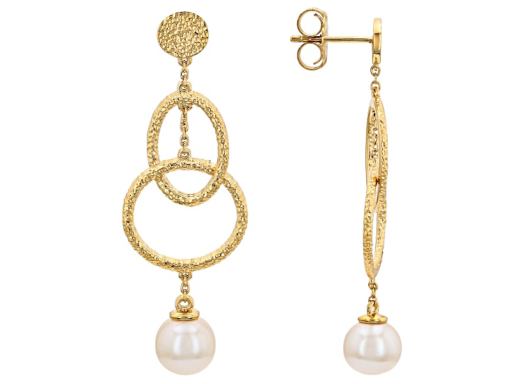 White Cultured Fresh Water Pearl 18K Yellow Gold Over Sterling Silver Earrings