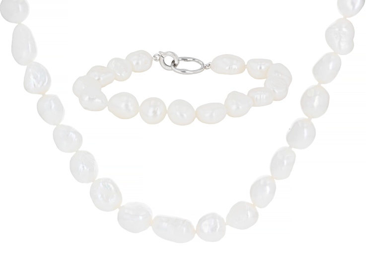 White Cultured Freshwater Pearl Rhodium Over Sterling Silver Necklace and Bracelet Set